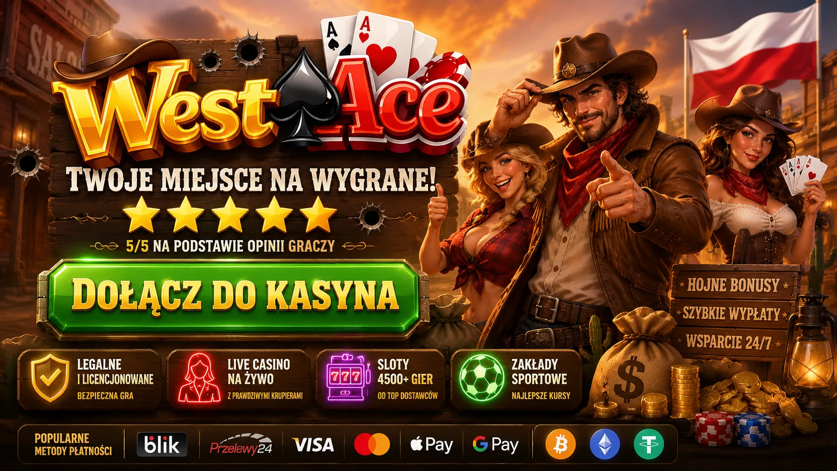 Westace Casino — bonus powitalny 100% do 2250 zł + 200 darmowych spinów